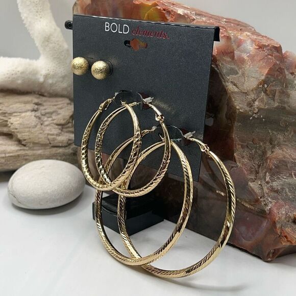 Gold Hoop & Post Bold Elements Earrings Set $16ea / 3 for $25 - Picture 3 of 4